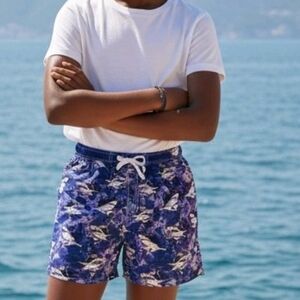 Boys Swim Trunks Lined Swim Shorts Boy's Size Large 12 / 14 Blue & Sharks, New